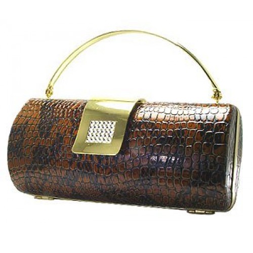 Evening Bag - Snake Skin Embossed Clutch w/  Swarovski Crystal Accent Closure - Brown - BG-HPR377BR